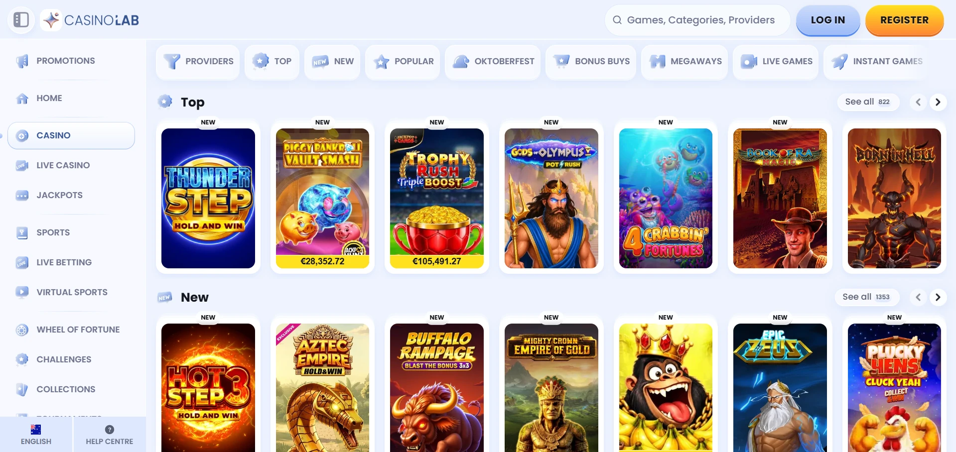 Casino Lab games lobby with category icons