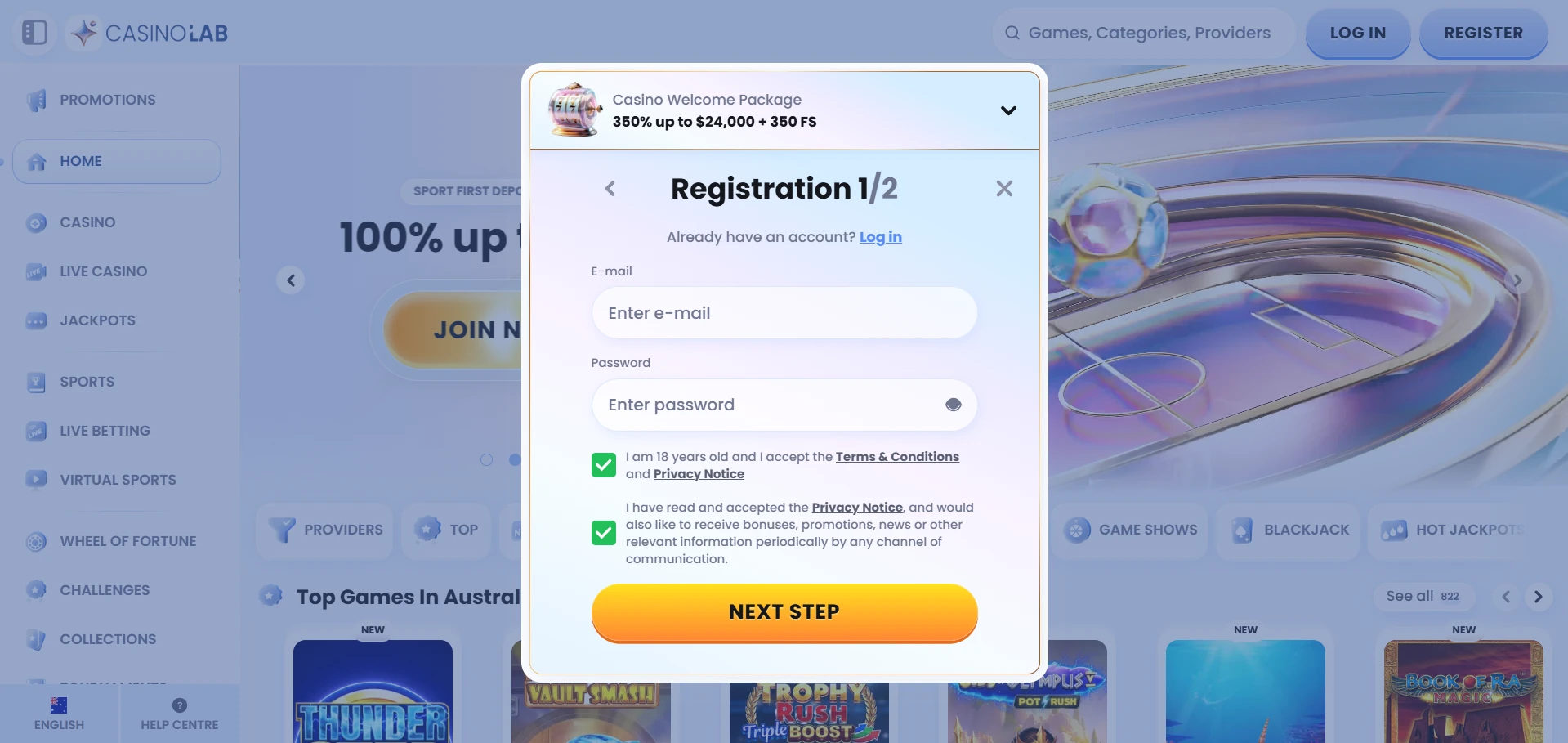 Casino Lab registration form